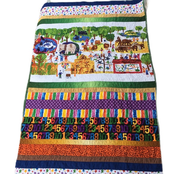 COPY - Handmade Quilt Child Cotton 59” x 41” Numbers Colors Monkey Elephant Gir… - Picture 1 of 11